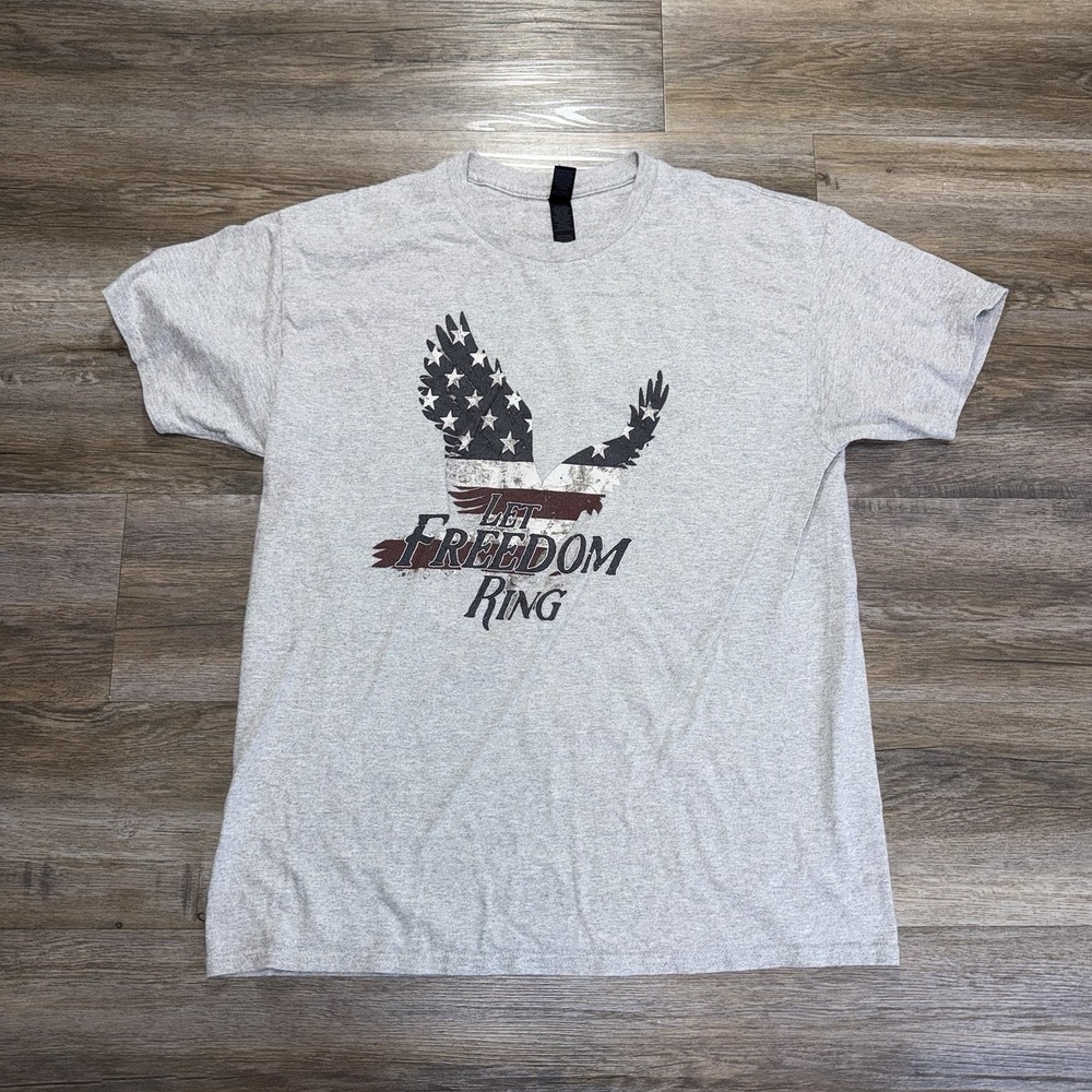 Gildan Brand Gray Short-Sleeve Graphic Shirt Mens/Unisex L "Let Freedom Ring"